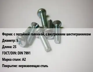 Винт с потайной головкой, с внутренним шестигранником 5х25 DIN 7991 Сталь: А2 нержавеющая сталь